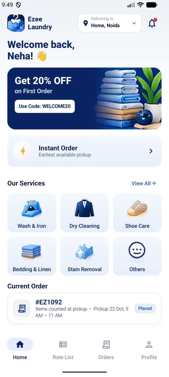 Home screen of the Ezee Laundry app