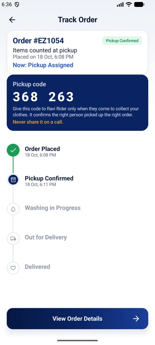 Track Order screen with the pickup code in the Ezee Laundry app