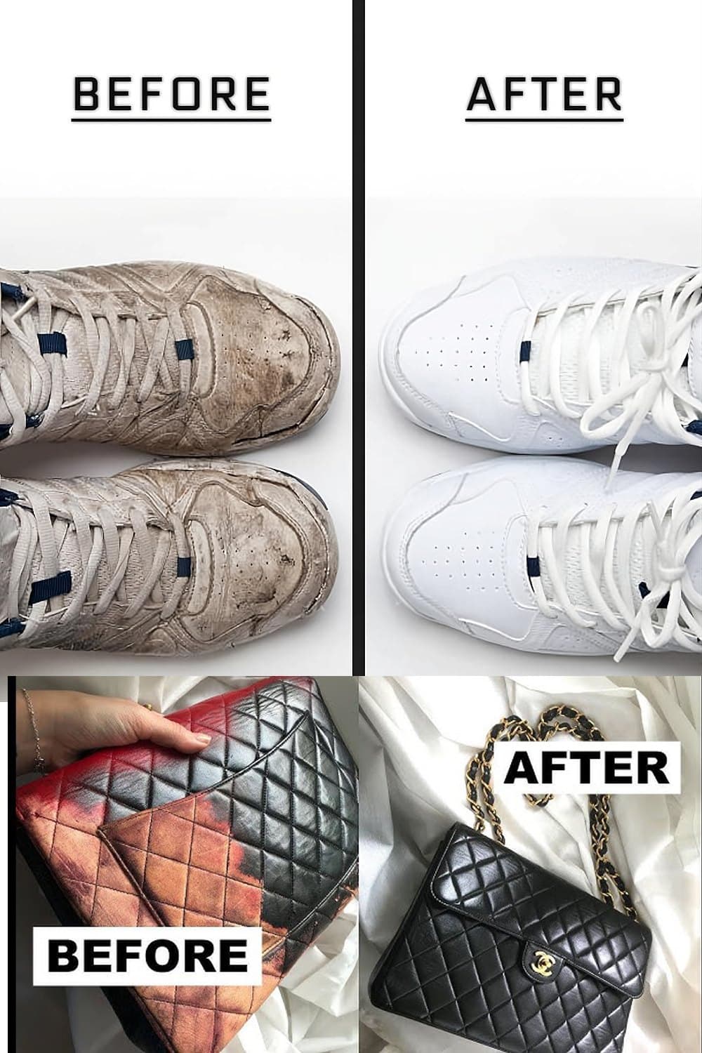 Shoes and a handbag before and after cleaning